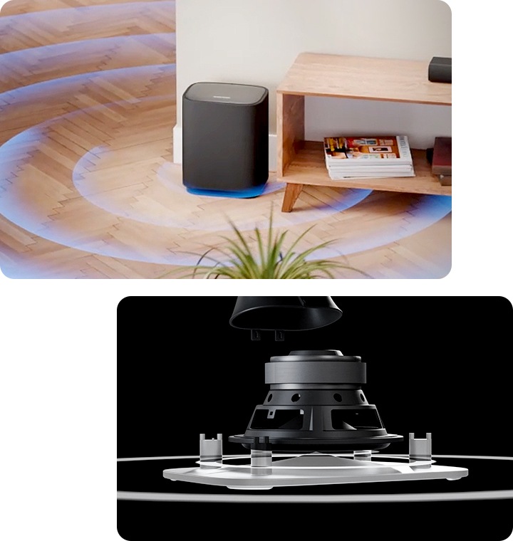 왼쪽에는 제품에서 사운드가 나오는 모습을 시각화하여 표시하였습니다. 오른쪽은 베이스 리플렉터를 확대한 모습이 보입니다.