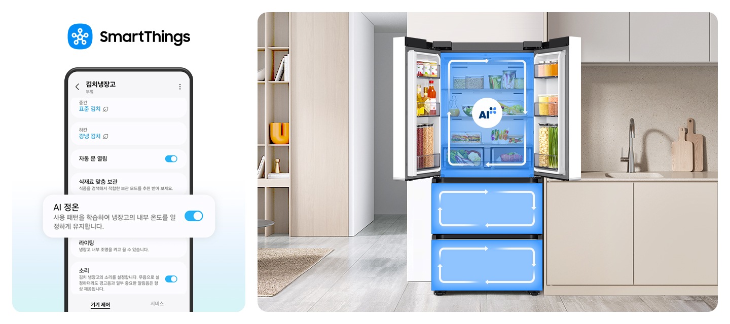 스마트싱스로 사용 가능한 AI 정온 모드를 설명하는 이미지입니다. 좌측에는 스마트싱스 앱에서 김치냉장고 상태를 확인할 수 있는UI 화면이 나와있습니다. 중앙에 AI 정온 모드가 켜진 화면이 확대되어 있으며 AI 정온-사용 패턴을 학습하여 냉장고의 내부 온도를 일정하게 유지합니다. 문구가 나와있습니다.  우측에는 주방 인테리어 속 중앙에 위치한 김치냉장고의 상칸이 문이 열려있고, AI 정온 모드 아이콘이 가운데 위치하고 있습니다. 김치냉장고의 상/중/하칸에는 AI 맞춤운전으로 신선한 느낌을 주는 화살표가 시계방향으로 회전하는 이미지 입니다. 김치냉장고 좌측에는 우드톤으로 된 벽장에 각종 오브제가 놓여있고 우측에는 베이지색 패널의 하부장 위에 수전과 도마가 놓여있는 연출된 이미지 입니다.