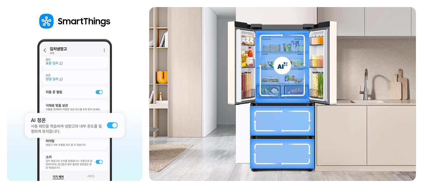스마트싱스로 사용 가능한 AI 정온 모드를 설명하는 이미지입니다. 좌측에는 스마트싱스 앱에서 김치냉장고 상태를 확인할 수 있는UI 화면이 나와있습니다. 중앙에 AI 정온 모드가 켜진 화면이 확대되어 있으며 AI 정온-사용 패턴을 학습하여 냉장고의 내부 온도를 일정하게 유지합니다. 문구가 나와있습니다.  우측에는 주방 인테리어 속 중앙에 위치한 김치냉장고의 상칸이 문이 열려있고, AI 정온 모드 아이콘이 가운데 위치하고 있습니다. 김치냉장고의 상/중/하칸에는 AI 맞춤운전으로 신선한 느낌을 주는 화살표가 시계방향으로 회전하는 이미지 입니다. 김치냉장고 좌측에는 우드톤으로 된 벽장에 각종 오브제가 놓여있고 우측에는 베이지색 패널의 하부장 위에 수전과 도마가 놓여있는 연출된 이미지 입니다.