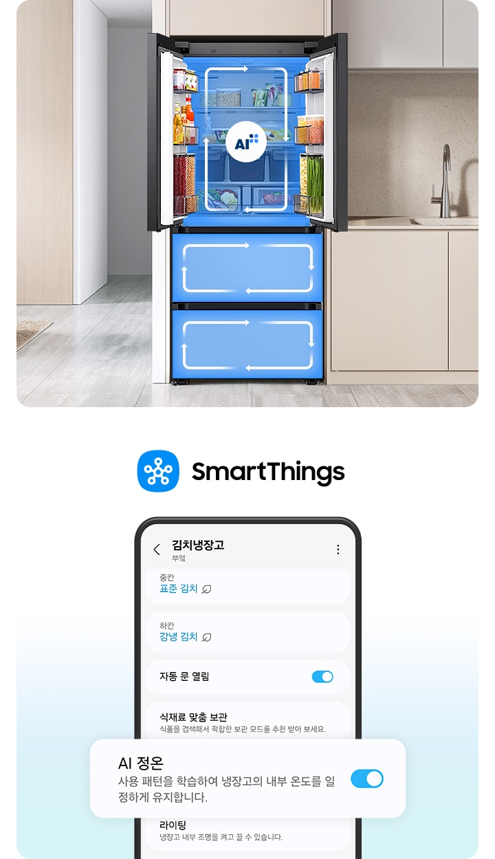 스마트싱스로 사용 가능한 AI 정온 모드를 설명하는 이미지입니다. 좌측에는 스마트싱스 앱에서 김치냉장고 상태를 확인할 수 있는UI 화면이 나와있습니다. 중앙에 AI 정온 모드가 켜진 화면이 확대되어 있으며 AI 정온-사용 패턴을 학습하여 냉장고의 내부 온도를 일정하게 유지합니다. 문구가 나와있습니다.  우측에는 주방 인테리어 속 중앙에 위치한 김치냉장고의 상칸이 문이 열려있고, AI 정온 모드 아이콘이 가운데 위치하고 있습니다. 김치냉장고의 상/중/하칸에는 AI 맞춤운전으로 신선한 느낌을 주는 화살표가 시계방향으로 회전하는 이미지 입니다. 김치냉장고 좌측에는 우드톤으로 된 벽장에 각종 오브제가 놓여있고 우측에는 베이지색 패널의 하부장 위에 수전과 도마가 놓여있는 연출된 이미지 입니다.