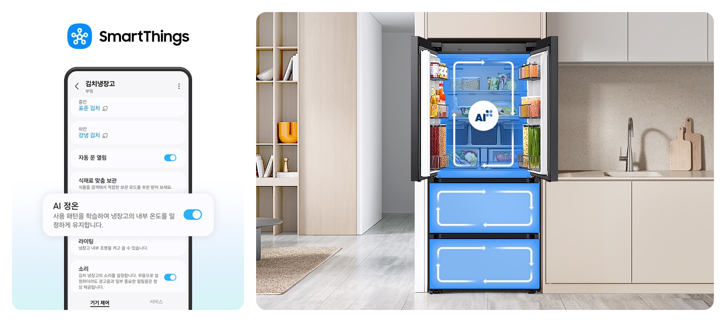 스마트싱스로 사용 가능한 AI 정온 모드를 설명하는 이미지입니다. 좌측에는 스마트싱스 앱에서 김치냉장고 상태를 확인할 수 있는UI 화면이 나와있습니다. 중앙에 AI 정온 모드가 켜진 화면이 확대되어 있으며 AI 정온-사용 패턴을 학습하여 냉장고의 내부 온도를 일정하게 유지합니다. 문구가 나와있습니다.  우측에는 주방 인테리어 속 중앙에 위치한 김치냉장고의 상칸이 문이 열려있고, AI 정온 모드 아이콘이 가운데 위치하고 있습니다. 김치냉장고의 상/중/하칸에는 AI 맞춤운전으로 신선한 느낌을 주는 화살표가 시계방향으로 회전하는 이미지 입니다. 김치냉장고 좌측에는 우드톤으로 된 벽장에 각종 오브제가 놓여있고 우측에는 베이지색 패널의 하부장 위에 수전과 도마가 놓여있는 연출된 이미지 입니다.