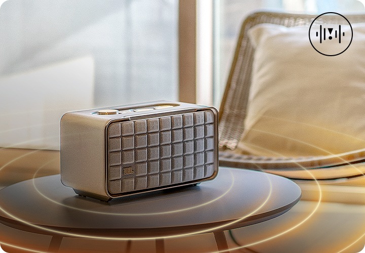 테이블 위에 제품이 놓여 있으며, 음파가 발생하는 모습을 표연하고 있습니다.