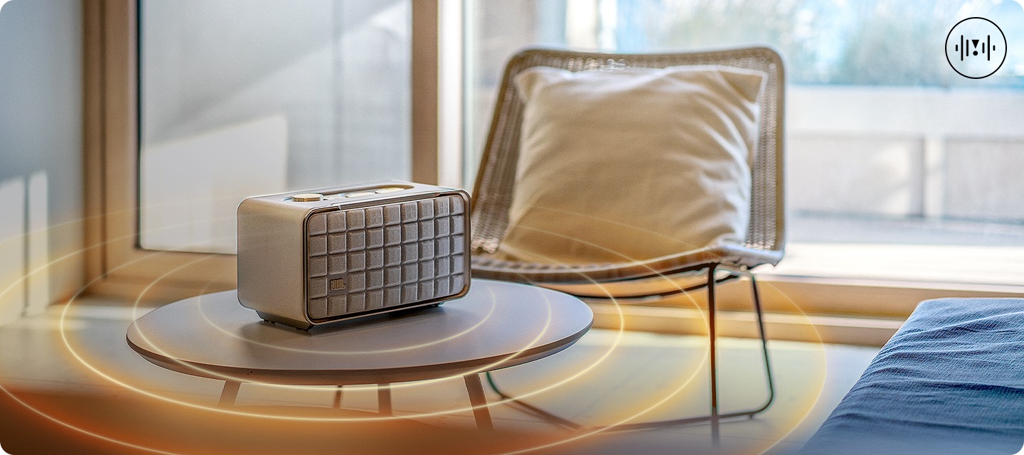 테이블 위에 제품이 놓여 있으며, 음파가 발생하는 모습을 표연하고 있습니다.