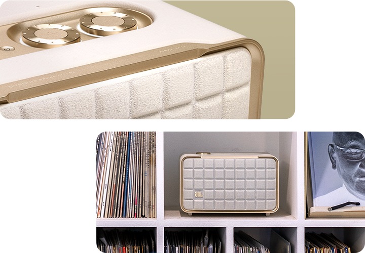 좌 : 제품의 우측 상단이 보이고 있습니다. / 우 : 책장에 제품이 놓여 있습니다.