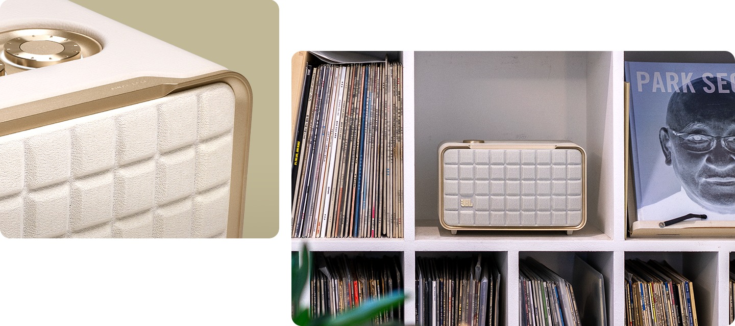 좌 : 제품의 우측 상단이 보이고 있습니다. / 우 : 책장에 제품이 놓여 있습니다.