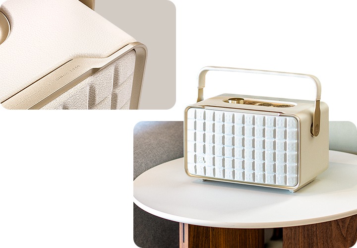 좌 : 제품의 우측 상단이 보이고 있습니다. / 우 : 테이블 위에 제품이 놓여 있습니다.