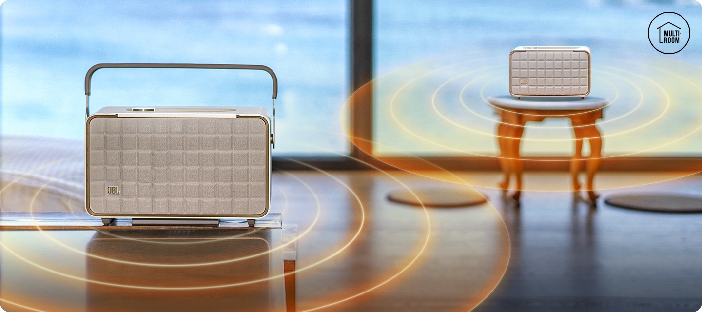 거실에 Authentics 200 / Authentics 300이 놓여 있으며, 각각에 제품에서 음파가 발행하고 있습니다.