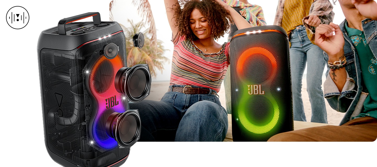 제품 주변 사람들이 모여서 흥겹게 춤을 추고 있습니다. 왼쪽 하단에는 제품의 X-ray 컷이 보입니다.