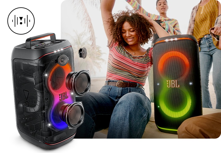 제품 주변 사람들이 모여서 흥겹게 춤을 추고 있습니다. 왼쪽 하단에는 제품의 X-ray 컷이 보입니다.