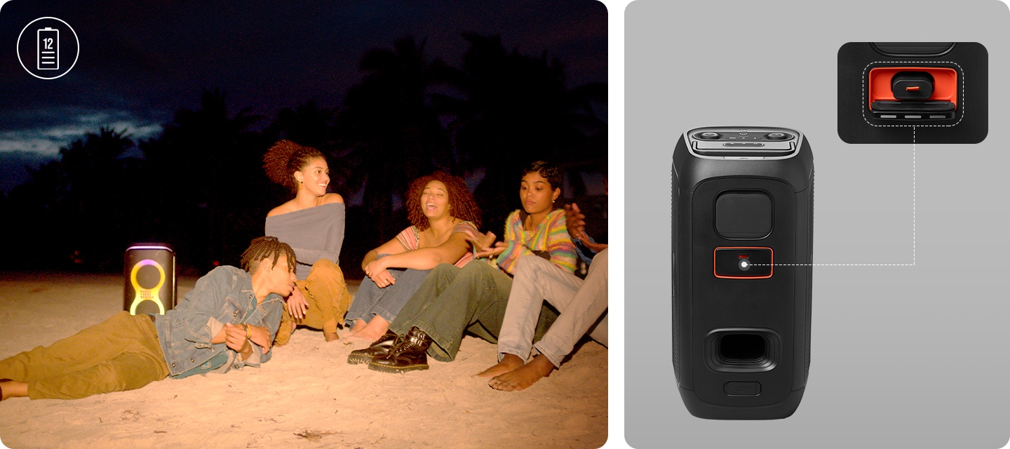 왼 : 제품 주변에 사람들이 모여 앉아 있습니다. 오 : 제품의 뒷면과 교체용 배터리가 보입니다.