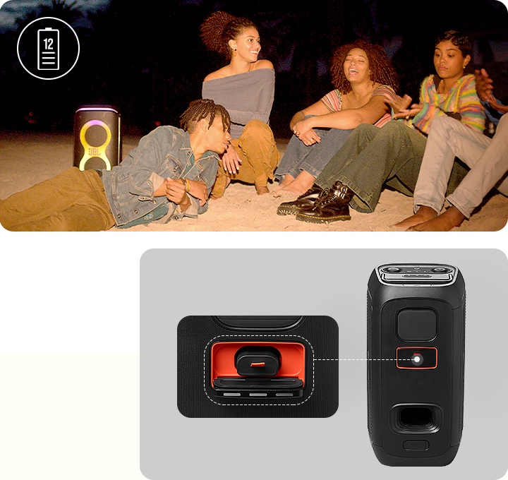 왼 : 제품 주변에 사람들이 모여 앉아 있습니다. 오 : 제품의 뒷면과 교체용 배터리가 보입니다.