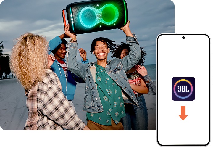 남성이 제품을 머리 위로 들고 있으며, 주변에는 사람들이 춤을 추고 있습니다. 그 이미지 앞으로 스마트폰이 있으며 화면에는 JBL PARTYBOX 앱 아이콘이 보입니다.
