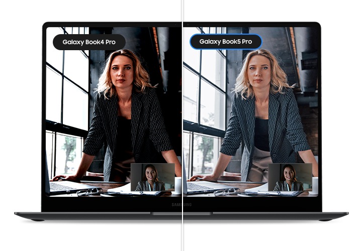 열려있는 갤럭시 북의 화면으로 동일한 사람이 화상 통화에 참여하고 있는 모습이 양쪽으로 보여지고 있습니다. 왼쪽은 갤럭시 북4 프로라고 표시되어 있으며 화면 이미지가 어둡습니다. 오른쪽은 갤럭시 북5 프로라고 표시되어 있으며 Staggered HDR 덕분에 화면 이미지가 밝고 선명합니다.