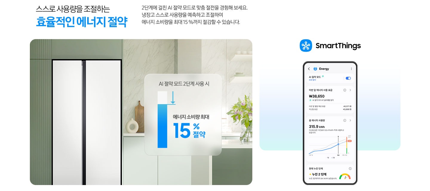 [스스로 사용량을 조절하는 효율적인 에너지 절약. 2단계에 걸친 ÁÍ 절약 모드로 맞춤 절전을 경험해 보세요. 냉장고 스스로 사용량을 예측하고 조절하여 에너지 소비량을 최대 15 %까지 절감할 수 있습니다. 문구 아래에 주방 인테리어컷이 나와있고 양문형 냉장고가 설치되어 있습니다. 냉장고 우측에는 ÁÍ~ 절약 모드 2단계 사용 시 에너지 소비량 최대 15 % 절약 문구와 그래프가 나와있습니다. 인테리어컷 우측에는 Smár~tThí~ñgs É~ñérg~ý 앱 화면이 나와있습니다.]