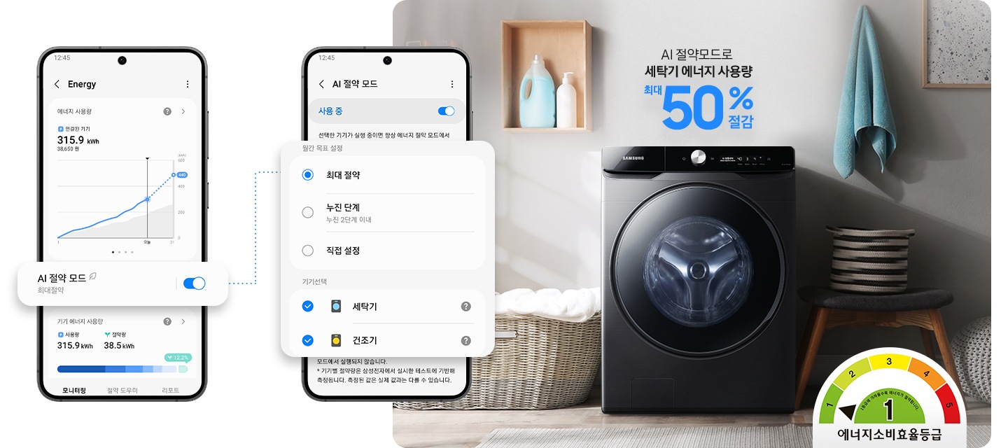 SmartThings 앱 화면과 연출된 인테리어컷이 나와있습니다. 먼저 SmartThings 앱 Energy 화면에서 AI 절약 모드 최대절약 버튼이 활성화된 이미지가 확대되어 있습니다. 우측에는 AI 절약 모드 사용 중 버튼이 활성화된 화면이 나와있으며 에너지 절약 단계 설정 및 기기선택 부분이 확대되어 표시되어 있습니다. 인테리어컷은 중앙에 그랑데 세탁기 AI가 설치되어 있고 그 위에 'AI 절약 모드로 세탁기 에너지 사용량 최대 60% 절감' 문구가 나와있습니다. 세탁기 좌측에는 라탄 바구니 안 하얀 빨랫감이 놓여있고 그 위 벽면에 설치된 작은 우드 수납장에 세제가 놓여있습니다. 세탁기 우측에는 의자 위에 소품이 놓여있고 벽면에는 수건과 액자가 걸려있는 연출 이미지입니다. 인테리어컷 우측 아래에는 에너지소비효율등급 1등급 로고가 나와있습니다.