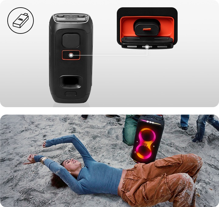 왼쪽에는 PARTYBOX CLUB 120에 배터리를 교체할 수 있는 부분에 모습이 보입니다. 오른쪽에는 해변에 PARTYBOX CLUB 120이 놓여 있으며, 주변에 사람들이 있습니다.