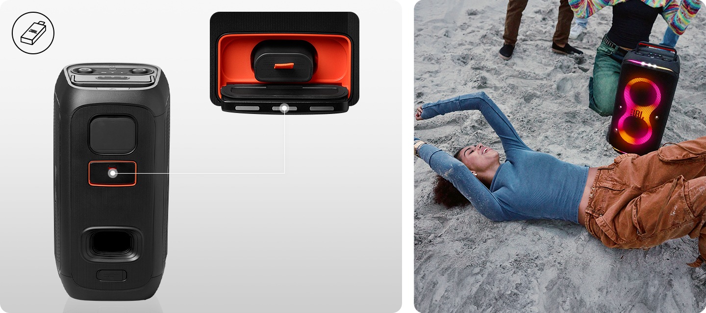 왼쪽에는 PARTYBOX CLUB 120에 배터리를 교체할 수 있는 부분에 모습이 보입니다. 오른쪽에는 해변에 PARTYBOX CLUB 120이 놓여 있으며, 주변에 사람들이 있습니다.