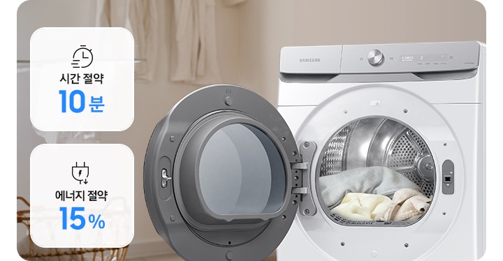 그랑데 건조기 AI 제품의 열린 문 안으로 빨랫감이 보이고 연기가 나오는 연출된 이미지 입니다. 이미지 안에는 시간 절약 10분 문구와 아이콘, 에너지 절약 15% 문구와 아이콘이 나와있습니다.