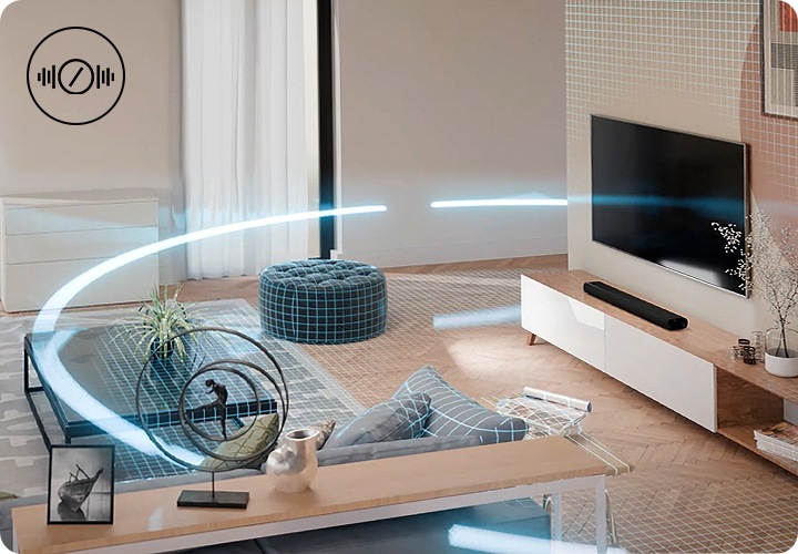 방안 장식장 위에 사운드바가 놓여 있습니다. 장식장 위에는 화병, 캔들, 카메라 놓여 있으며, 아래에는 책들이 놓여 있습니다. 방안에는 동그랗게 음향효과가 퍼져 나가고 있습니다.