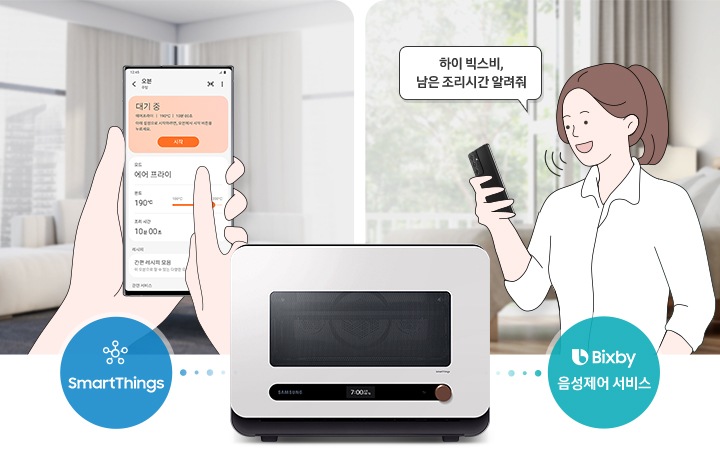 [좌측에는 스마트싱스 ÚÍ화면을 터치하는 일러스트 형태의 손과 거실로 보여지는 블러 처리 된 배경, 실제 ÚÍ~화면이 보여지고 있습니다. 화면에는 오븐 실행 대기 중 상태와 시작 버튼을 향한 손가락이 보여지고 있으며, 용도 및 온도, 조리 시간 및 레시피 화면이 보여집니다. 가운데는 큐커 멀티 새틴 화이트 색상의 모델이 정면을 향해 있으며 우측에는 일러스트 형태의 사람과 '하이 빅스비, 남은 조리시간 알려줘' 말풍선 및 거실로 보여지는 블러 처리 된 배경이 보여집니다.]