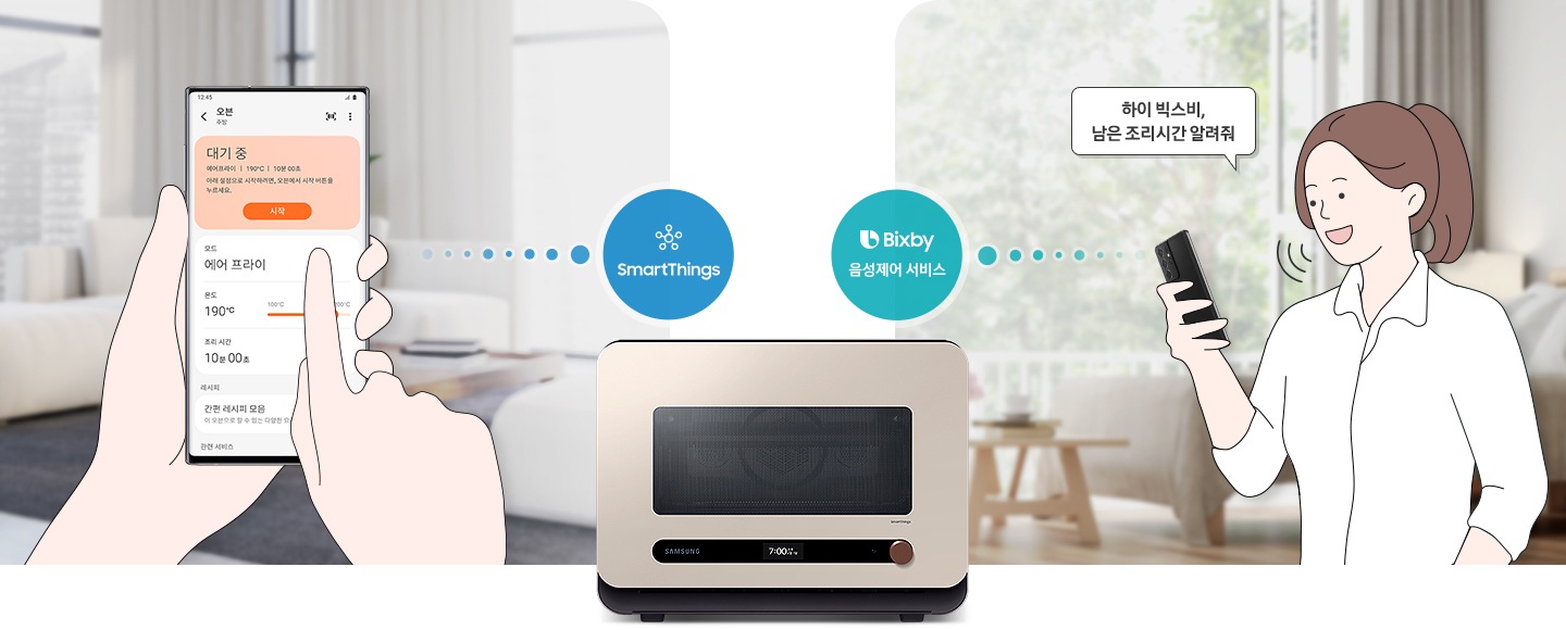 좌측에는 스마트싱스 UI화면을 터치하는 일러스트 형태의 손과 거실로 보여지는 블러 처리 된 배경, 실제 UI화면이 보여지고 있습니다. 화면에는 오븐 실행 대기 중 상태와 시작 버튼을 향한 손가락이 보여지고 있으며, 용도 및 온도, 조리 시간 및 레시피 화면이 보여집니다. 가운데는 큐커 모델이 정면을 향해 있으며 우측에는 일러스트 형태의 사람과 '하이 빅스비, 남은 조리시간 알려줘' 말풍선 및 거실로 보여지는 블러 처리 된 배경이 보여집니다.