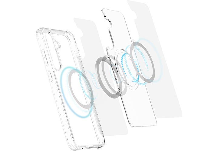 이미지 왼쪽 부분에는 버라이어티 마그넷 케이스가 오른쪽 윗부분으로 30도 정도 돌아간 정면 이미지가 보이고 있고 오른쪽 부분에는 케이스 내측에 네오디뮴 자석이 어떤 방법으로 삽입되어 있는지 케이스의 구조를 분해하여 자세히 보여주고 있습니다.