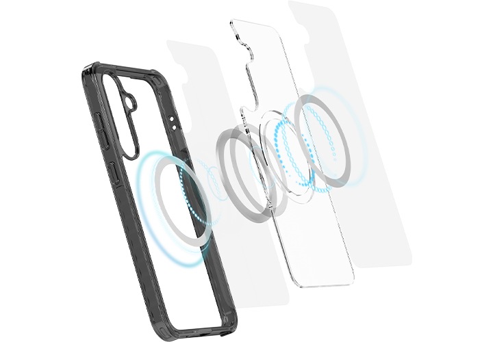 이미지 왼쪽 부분에는 버라이어티 마그넷 케이스가 오른쪽 윗부분으로 30도 정도 돌아간 정면 이미지가 보이고 있고 오른쪽 부분에는 케이스 내측에 네오디뮴 자석이 어떤 방법으로 삽입되어 있는지 케이스의 구조를 분해하여 자세히 보여주고 있습니다.