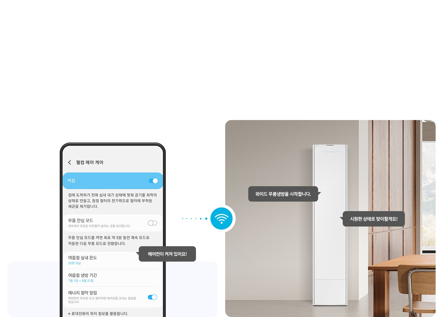 좌측 윌컴에어케어 ui 화면이 보여지고 에어컨이 켜져 있어요! 말풍선이 보여지고우측엔 무풍 갤러리 에어컨이보여지고 와이드 무풍 냉방을 시작합니다. 시원한 상태로 맞이할게요! 말풍선이 보여집니다. 좌우 가운데 와이파이 아이콘이 함께 보여집니다.