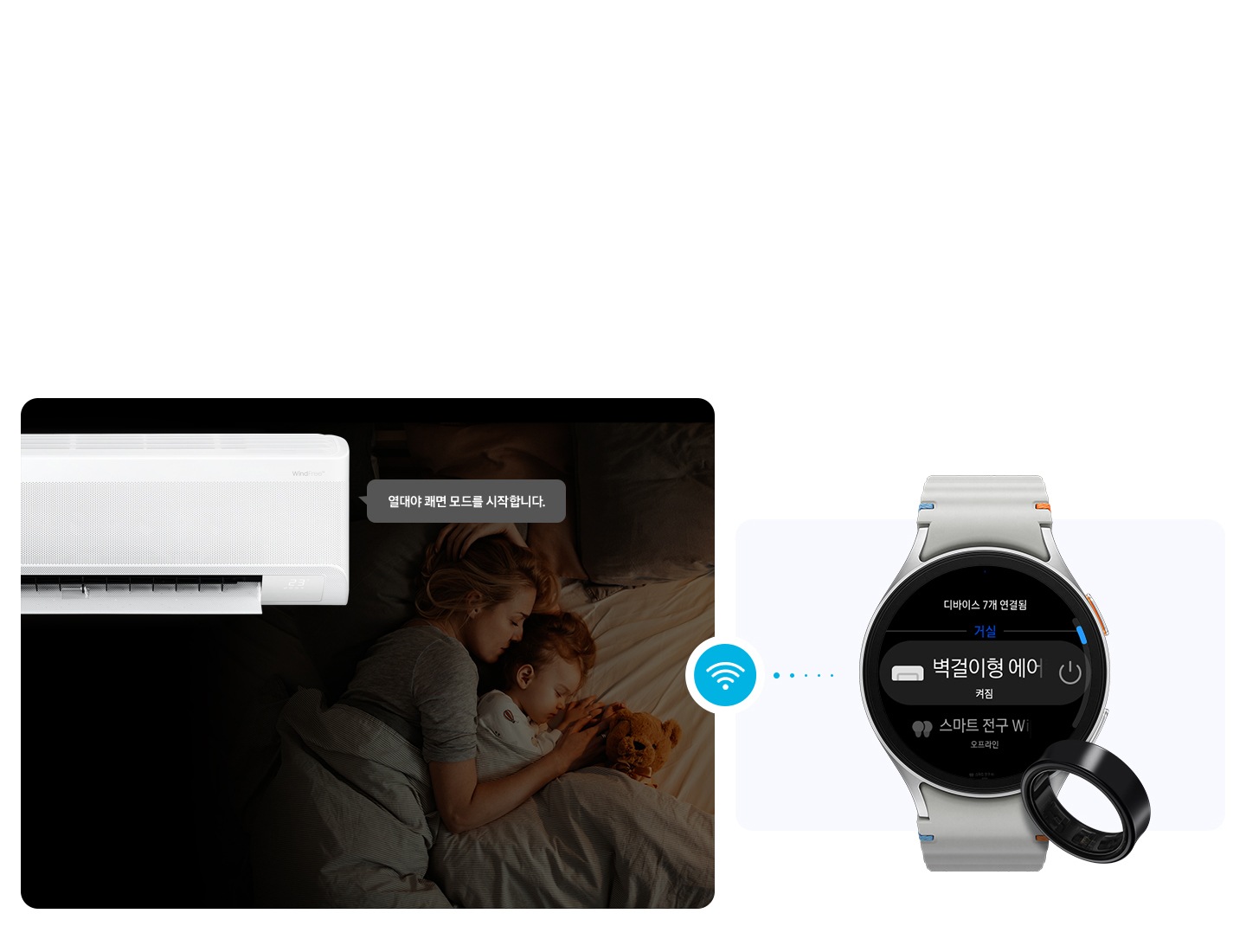 좌측엔 방안에 여성과 아이가 자는 모습이 보여지고 그 위로 작동중인 벽걸이 에어컨이 보여집니다. 벽걸이 에어컨에서 말풍선으로 열대야 쾌면 모드를 시작합니다. 문구가 보여지고 그아래 수면 단계 UI 화면이 보여집니다. 우측에 갤러시 워치와 갤럭시 링이 함께 보여집니다.
