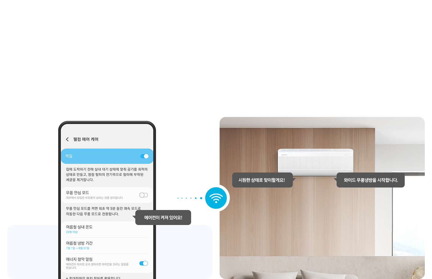 좌측 윌컴에어케어 ui 화면이 보여지고 에어컨이 켜져 있어요! 말풍선이 보여지고 우측엔 벽걸이 에어컨이보여지고 와이드 무풍 냉방을 시작합니다. 시원한 상태로 맞이할게요! 말풍선이 보여집니다. 좌우 가운데 와이파이 아이콘이 함께 보여집니다.