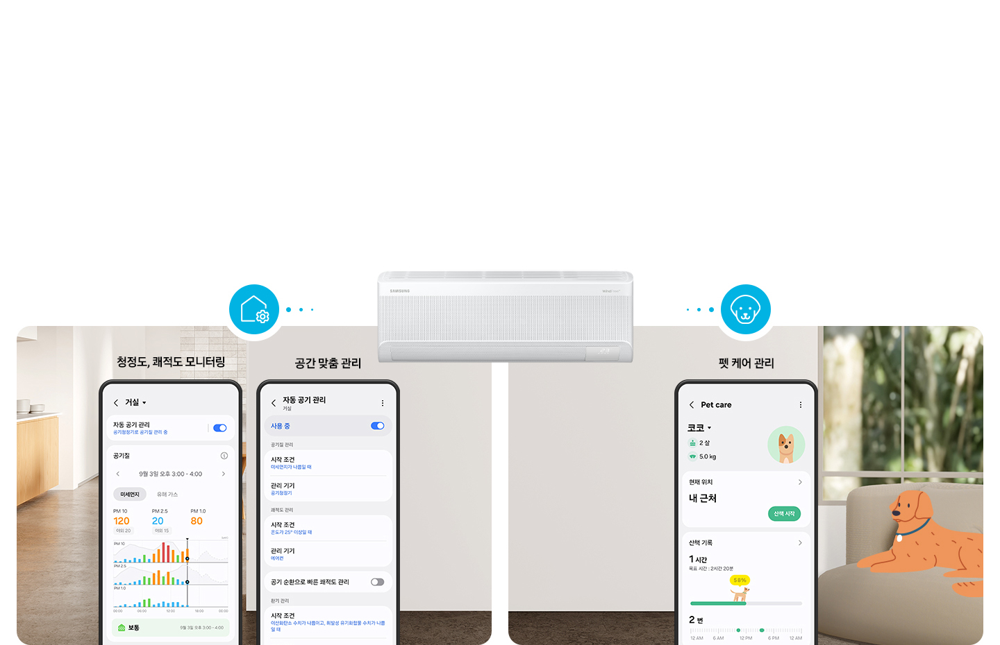 벽걸이 에어컨이 가운데 확대 되어 크게 보여지고 좌측엔 청정도, 쾌적도 모니텅링, 공간 맞춤 관리 UI 화면이 보여지고 우측엔 펫케어 관리 UI 화면이 보여집니다. 
