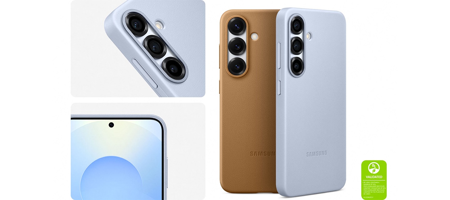 라이트 블루 색상의 카인드수트 케이스가 장착된 갤럭시 S25가 화면이 위를 향한 채 드러납니다. 화면에는 스크린세이버 그래픽이 표시됩니다. 또 다른 갤럭시 S25가 상단부터 경사진 각도로 드러나며, 대각선에 배치된 카인드수트 케이스와 동일한 케이스를 장착하고 있습니다. 갤럭시 S25에 각각 장착된 카인드수트 케이스 2개가 뒷면에서 수직으로 나타납니다. 각각의 케이스는 카멜과 라이트 블루 색상입니다. '카인드수트 케이스는 최소 23%의 재활용 소재를 포함하고 있으며, 케이스에 사용된 플라스틱에는 50%의 재활용 플라스틱 원료를 포함하고 있습니다. UL.COM/ECV'라고 적힌 UL 환경 클레임 검증 마크가 표시되어 있습니다.
