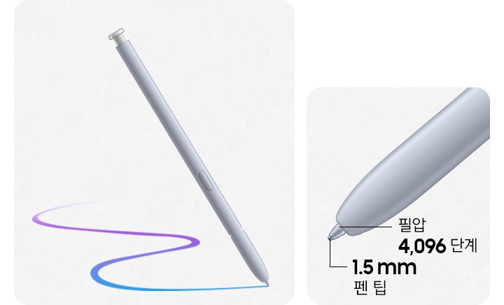 S펜이 곡선을 그리며 지나가고, 그 뒤로 붓이 따라갑니다. S펜의 펜 팁이 클로즈업됩니다. 펜 팁은 1.5mm이고 압력 레벨은 4,096입니다.