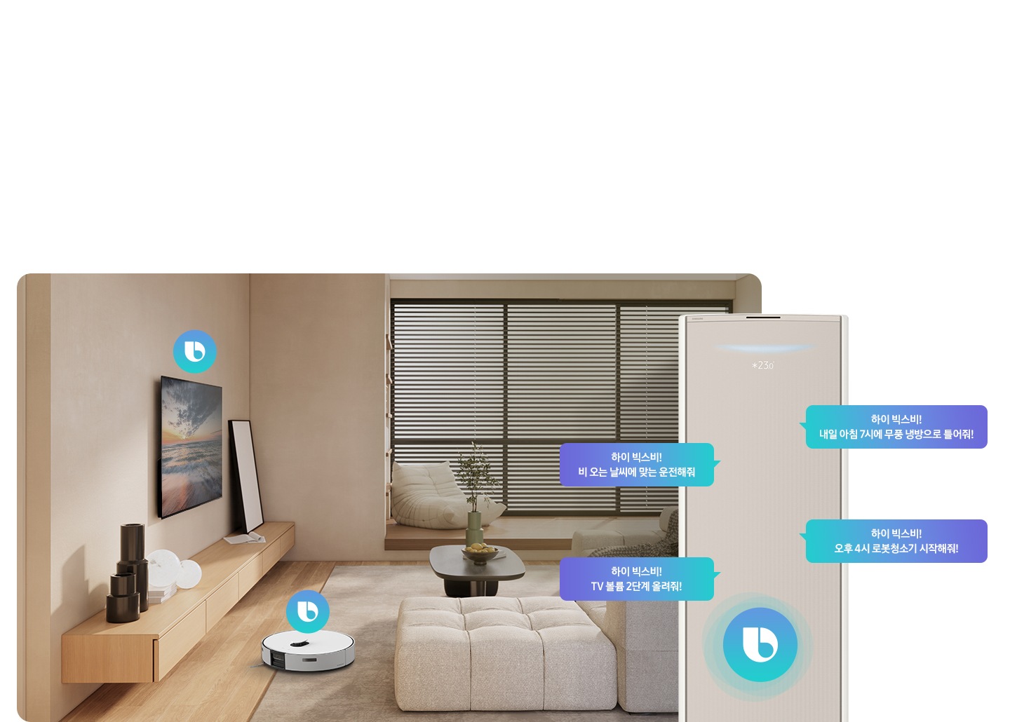 거실로 보여지는 공간에 좌측 벽면에 빅스비가 지원되는 벽걸이 TV가 보여지고 하단엔 빅스비가 연결되는 롯보 청소기가 보여지고 우측엔 무풍콤보 갤러리 에어컨 상단부다 확대되어 보여지며 에어컨 에서 하이 빅스비! 비오는 날씨에 맞는 운전 해줘, 하이 빅스비! TV볼륨 2단꼐 올려줘, 하이 빅스비! 내일 아침 7시에 무풍 냉방으로 틀어줘!, 하이 빅스비! 오후 4시 로봇청소기 시작해줘! 말풍선이 보여지며, 빅스비 음성인식으로 집안의 가전을 작동시키는 듯한 모습이 보여집니다.