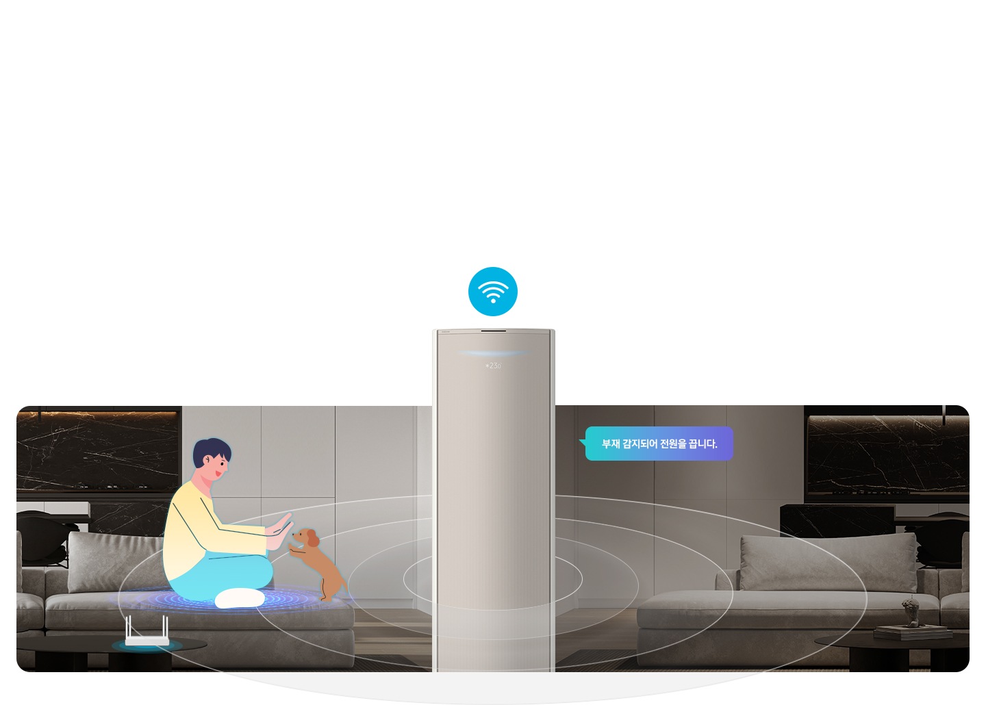 동일한 거실로 보여지는 공간이 좌우 대칭으로 똑같이 보여지며 가운데엔 무풍콤보 갤러리 에어컨이 보여집니다. 에어컨 상단엔 오아파이 모양의 아이콘이 보이고 좌측 거실 쇼파에 사람과 강아지가 있어 와이파이 가 연결되어 움직임을 감지한 듯한 모습이 보여지고 좌측 거실에 사람이 없어 부재를 감지하여 가운데 에어컨에서 부재 감지되어 전원을 끕니다. 말풍선이 보여집니다.