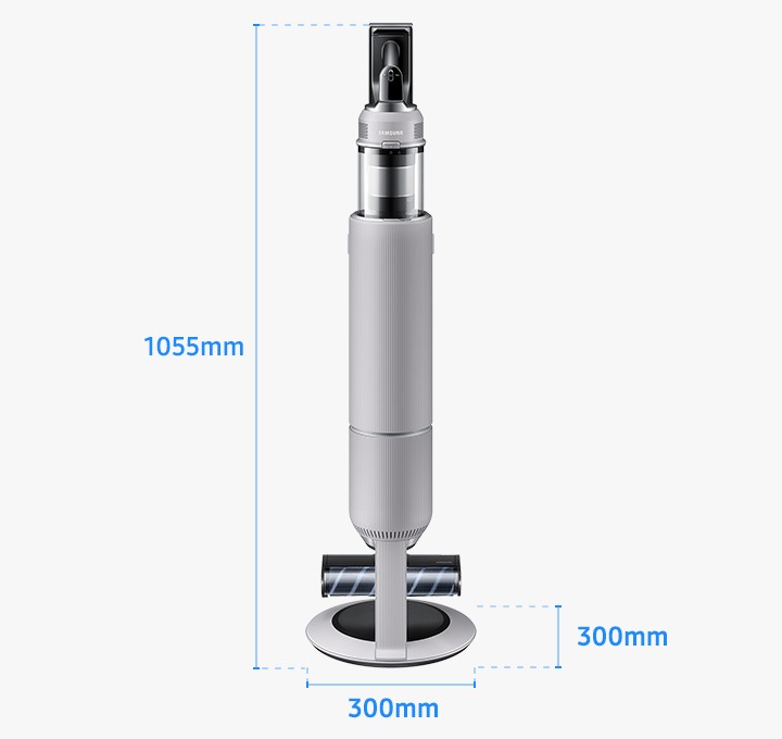 회색 사각 박스 가운데 BESPOKE AI 제트 Lite 280W가 정면을 바라보고 서 있습니다. 최 하단에는 가로 길이 300mm, 세로 길이 300mm가 파란색 글자로 적혀있고 옆으로는 높이인 1055mm가 적혀 있습니다.