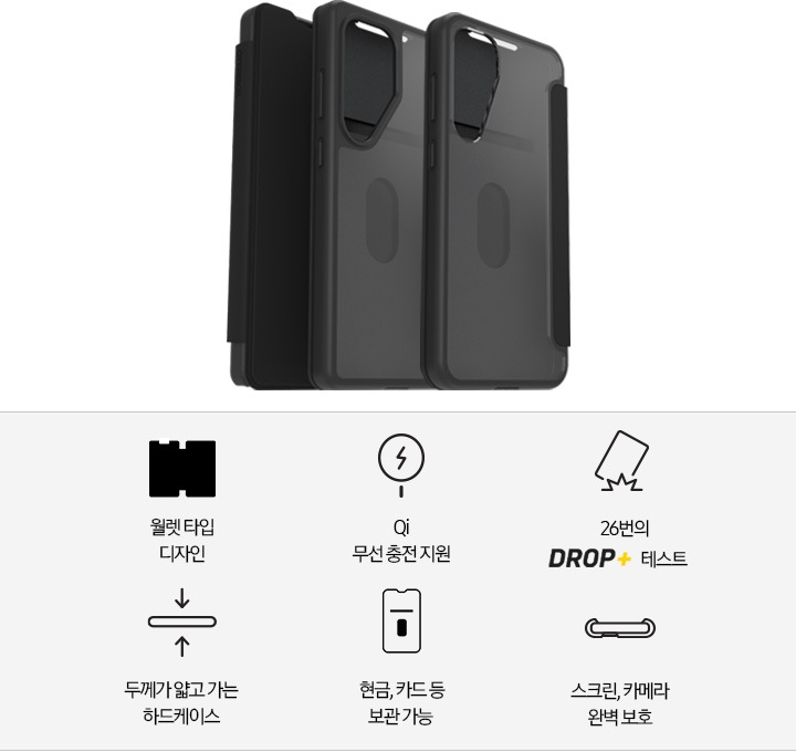 갤럭시 S25 시리즈 리액트 폴리오 케이스 제품의 오른쪽으로 약 45도 돌아간 모습의 정면 이미지가 시리즈 별로 나열되어 보여지고 있습니다. 폴리오 타입 디자인, Qi 무선충전지원, 26번의 DROP+ 테스트, 두께가 얇고 가는 하드케이스, 현금/카드 등 보관 가능, 스크린/카메라 완벽 보호 순으로 총 6개의 아이콘이 제품 이미지 밑에 나열해 있습니다.