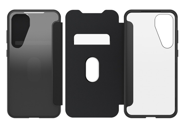 갤럭시 S25 시리즈 리액트 폴리오 케이스 제품 월렛 타입 디자인과 수납공간에 카드 1장이 들어간 모습을 중점으로 보여지고 있습니다.