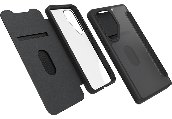 갤럭시 S25 시리즈 리액트 폴리오 케이스 제품이 열린 상태와 닫은 상태를 교차로 보여지고 있습니다.