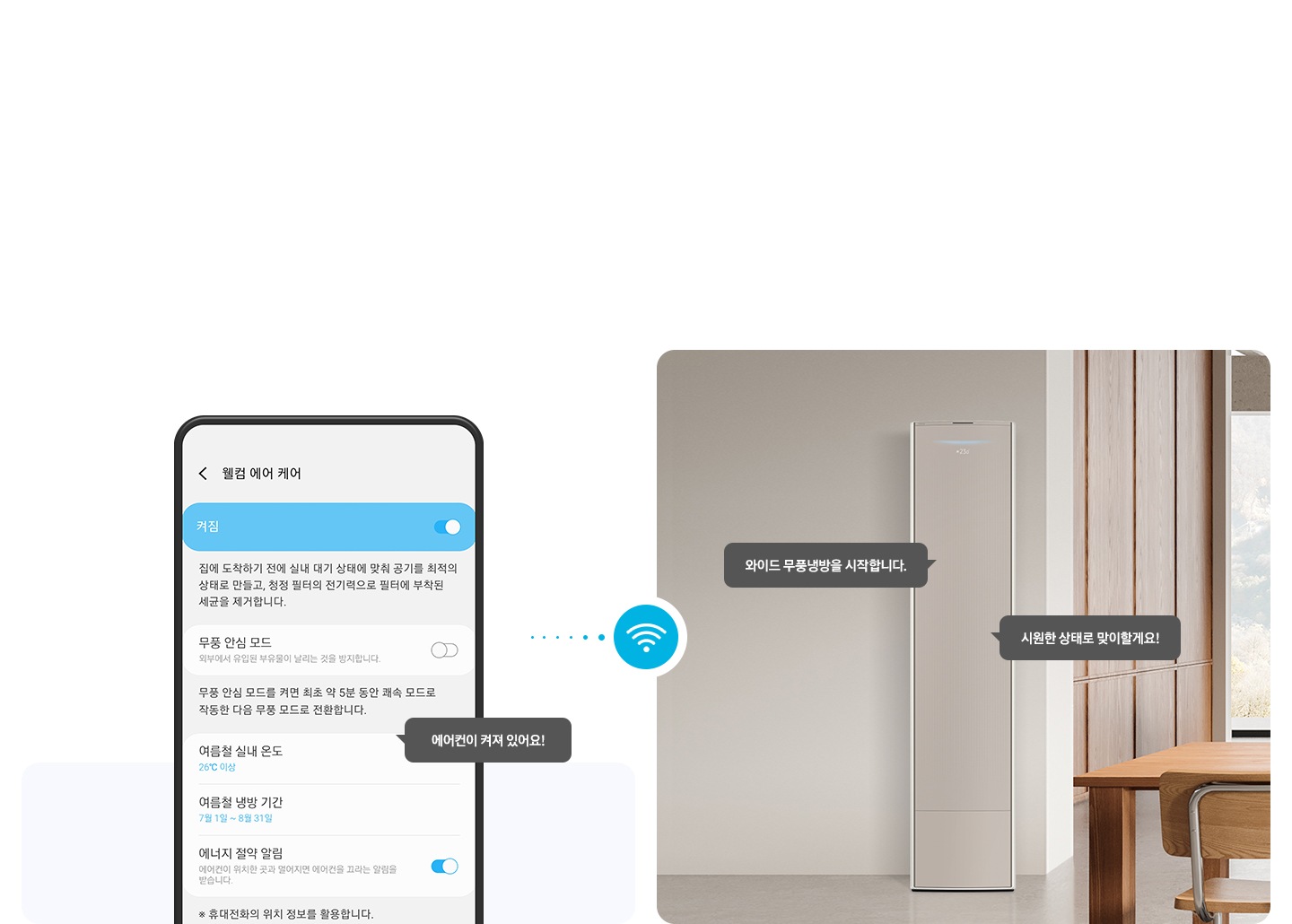 좌측 윌컴에어케어 ui 화면이 보여지고 에어컨이 켜져 있어요! 말풍선이 보여지고우측엔 무풍 갤러리 에어컨이보여지고 와이드 무풍 냉방을 시작합니다. 시원한 상태로 맞이할게요! 말풍선이 보여집니다. 좌우 가운데 와이파이 아이콘이 함께 보여집니다.