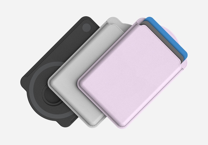 마그네틱 월렛 제품이 오른쪽으로 45도 정도 기울어져 있는 모습이 보이고 있습니다. 블랙, 그레이, 바이올렛 순으로 나열되어 있습니다.