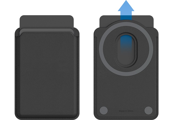 마그네틱 월렛 블랙 색상에 카드를 보관하고 있는 정면 이미지와 뒷면 이미지가 왼쪽에서 오른쪽으로 나열되어 있으며, 뒷면 이미지에는 윗쪽을 향하는 화살표가 있어 카드를 꺼내는 방향을 설명해 주고 있는 이미지입니다.