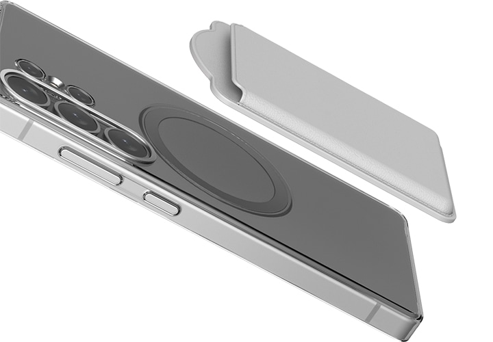 마그넷 케이스를 장착한 스마트 폰과 마그네틱 월렛 그레이 색상을 왼쪽에서 오른쪽으로 나열한 후  마그네틱 월렛 그레이 색상과 마그넷 케이스를 장착한 스마트 폰을 뒤로 30도 정도 기울인 모습을 왼쪽에서 바라본 이미지입니다.