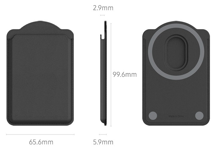 마그네틱 월렛의 규격을 알려주는 이미지입니다. 이미지 왼쪽 부분에는 마그네틱 월렛 블랙 색상의 정면 이미지와 이미지 하단 부분에 65.6mm라는 텍스트가 쓰여 있고, 이미지 중간 부분에는 마그네틱 월렛 블랙 색상의 오른쪽 옆면 이미지와 이미지 상단에 2.9mm 텍스트, 이미지 오른쪽 부분에 99.6mm 라는 텍스트, 이미지 하단 부분에는 5.9mm 텍스트가 적혀 있습니다. 이미지 오른쪽 부분엔는 마그네틱 월렛 블랙 색상의 뒷면 이미지를 보여주고 있습니다.