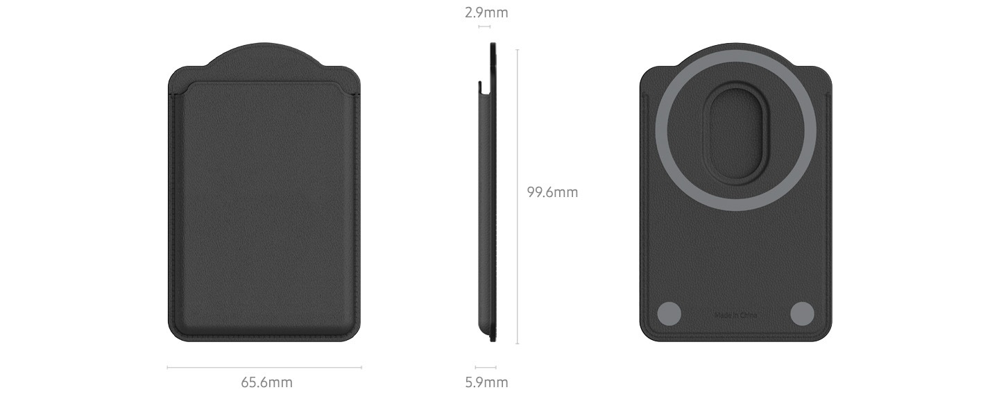 마그네틱 월렛의 규격을 알려주는 이미지입니다. 이미지 왼쪽 부분에는 마그네틱 월렛 블랙 색상의 정면 이미지와 이미지 하단 부분에 65.6mm라는 텍스트가 쓰여 있고, 이미지 중간 부분에는 마그네틱 월렛 블랙 색상의 오른쪽 옆면 이미지와 이미지 상단에 2.9mm 텍스트, 이미지 오른쪽 부분에 99.6mm 라는 텍스트, 이미지 하단 부분에는 5.9mm 텍스트가 적혀 있습니다. 이미지 오른쪽 부분엔는 마그네틱 월렛 블랙 색상의 뒷면 이미지를 보여주고 있습니다.