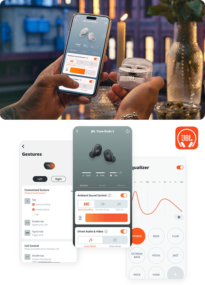 스마트폰과 제품이 연결된 모습이 보입니다. 오른쪽에는 JBL Headphones 앱의 화면이 보입니다.