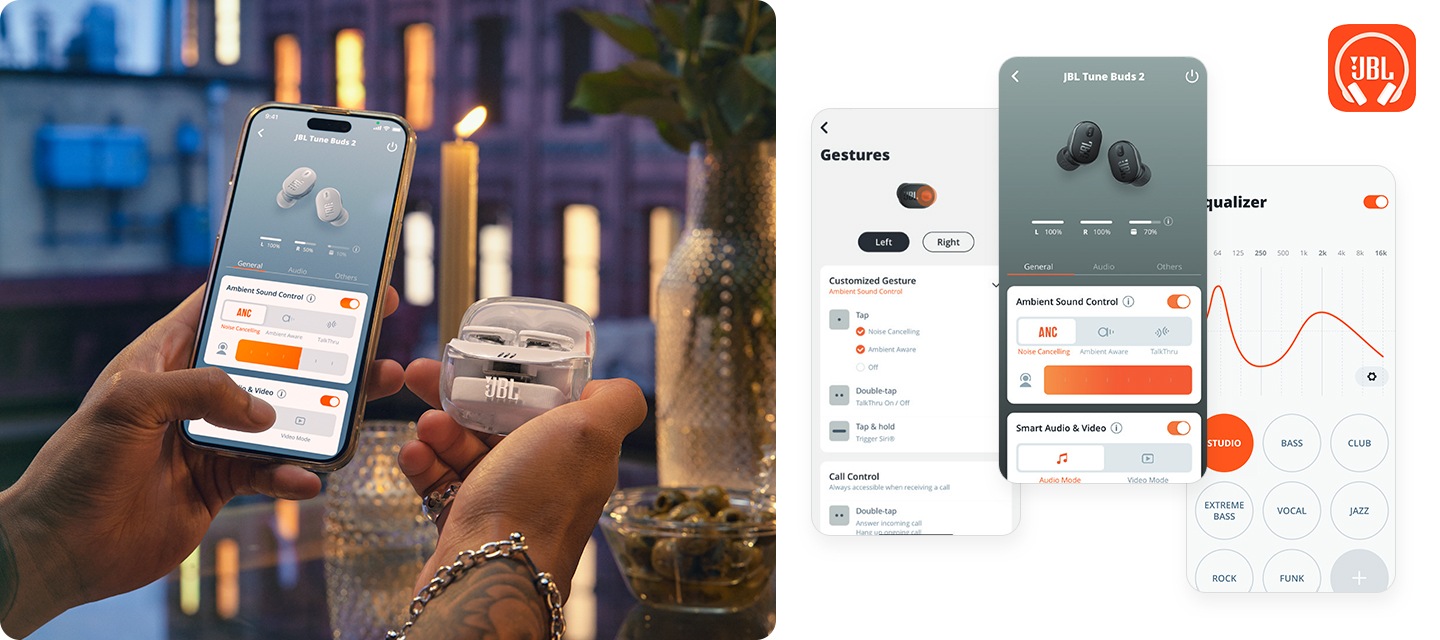 스마트폰과 제품이 연결된 모습이 보입니다. 오른쪽에는 JBL Headphones 앱의 화면이 보입니다.