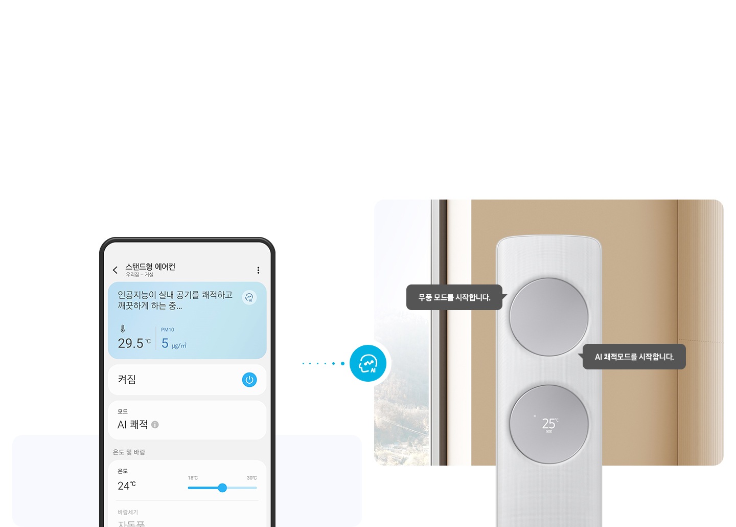 좌측에 AI 쾌적 UI 화면이 보여지고 우측엔 무풍 클래식 에어컨이 작동중인 모습이 보여지고 무풍모드를 시작합니다., AI  쾌적모드를 시작합니다. 말풍선이 보여집니다.