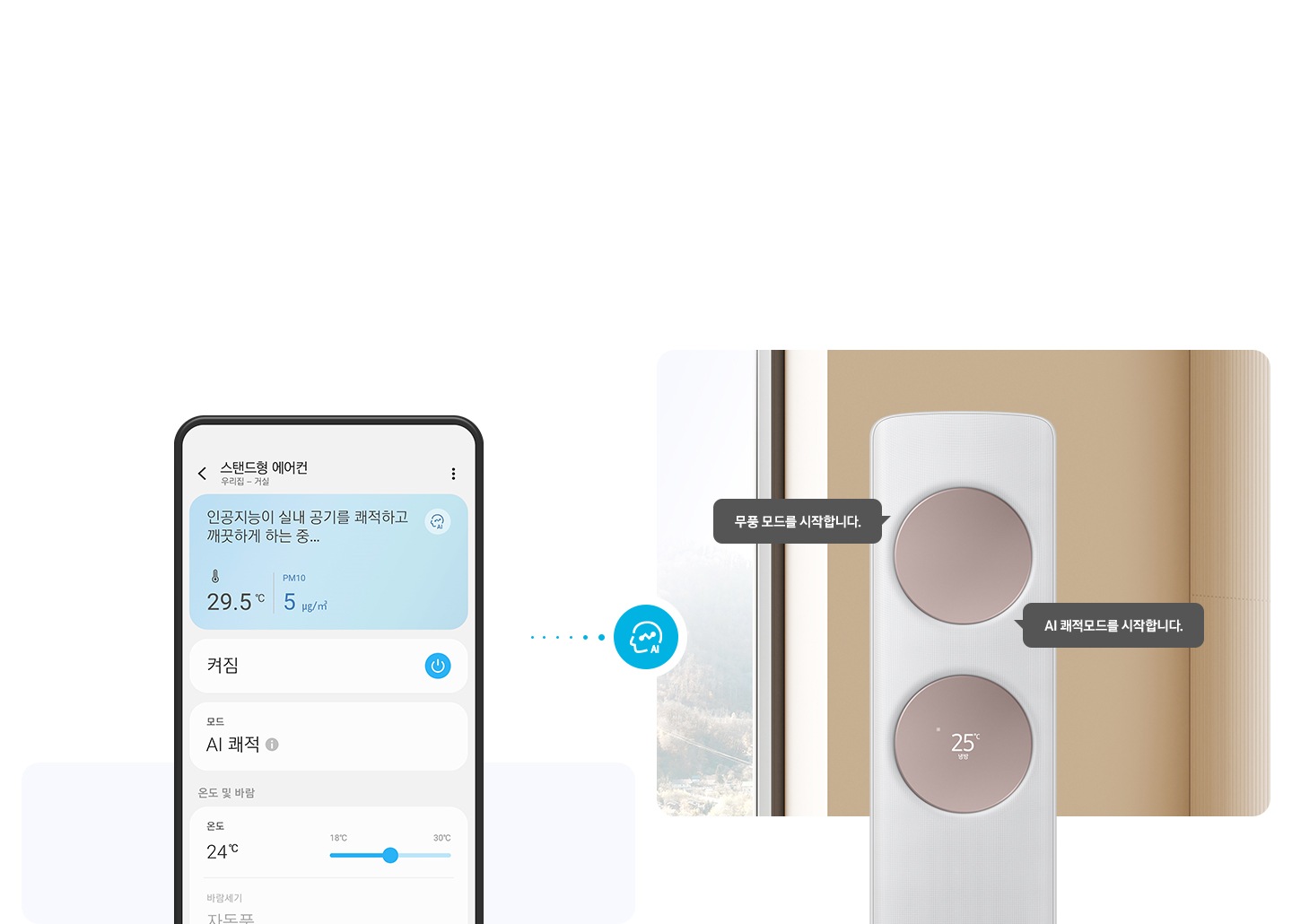 좌측에 AI 쾌적 UI 화면이 보여지고 우측엔 무풍 클래식 에어컨이 작동중인 모습이 보여지고 무풍모드를 시작합니다., AI  쾌적모드를 시작합니다. 말풍선이 보여집니다.