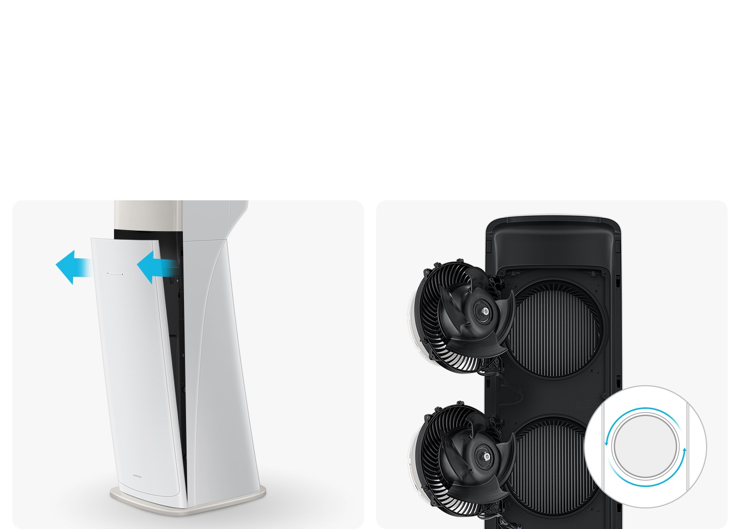 좌측엔 에어컨의 하단부가 이지오픈핸들이 확대되어 보여 열기쉽게 여는 모습이 보여지고, 좌측엔 에어컨 상단부가 보여 판넬을 앞으로 빼는 듯한 화살표와 함께 보여집니다.